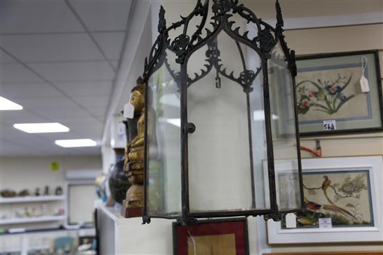 A pair of late 19th century hexagonal hall lanterns, 32 x 17.5in.